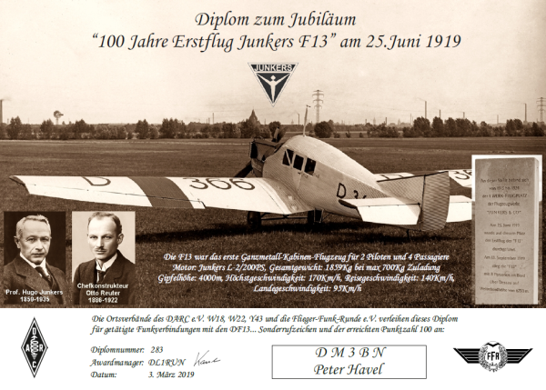 Diplom "100 Jahre Erstflug Junkers F 13"